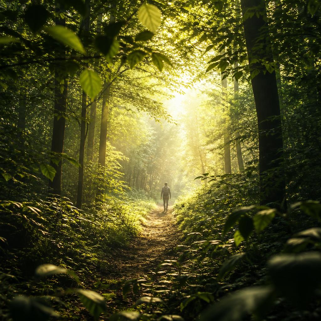 Sunlit forest path with a distant figure walking toward a bright clearing