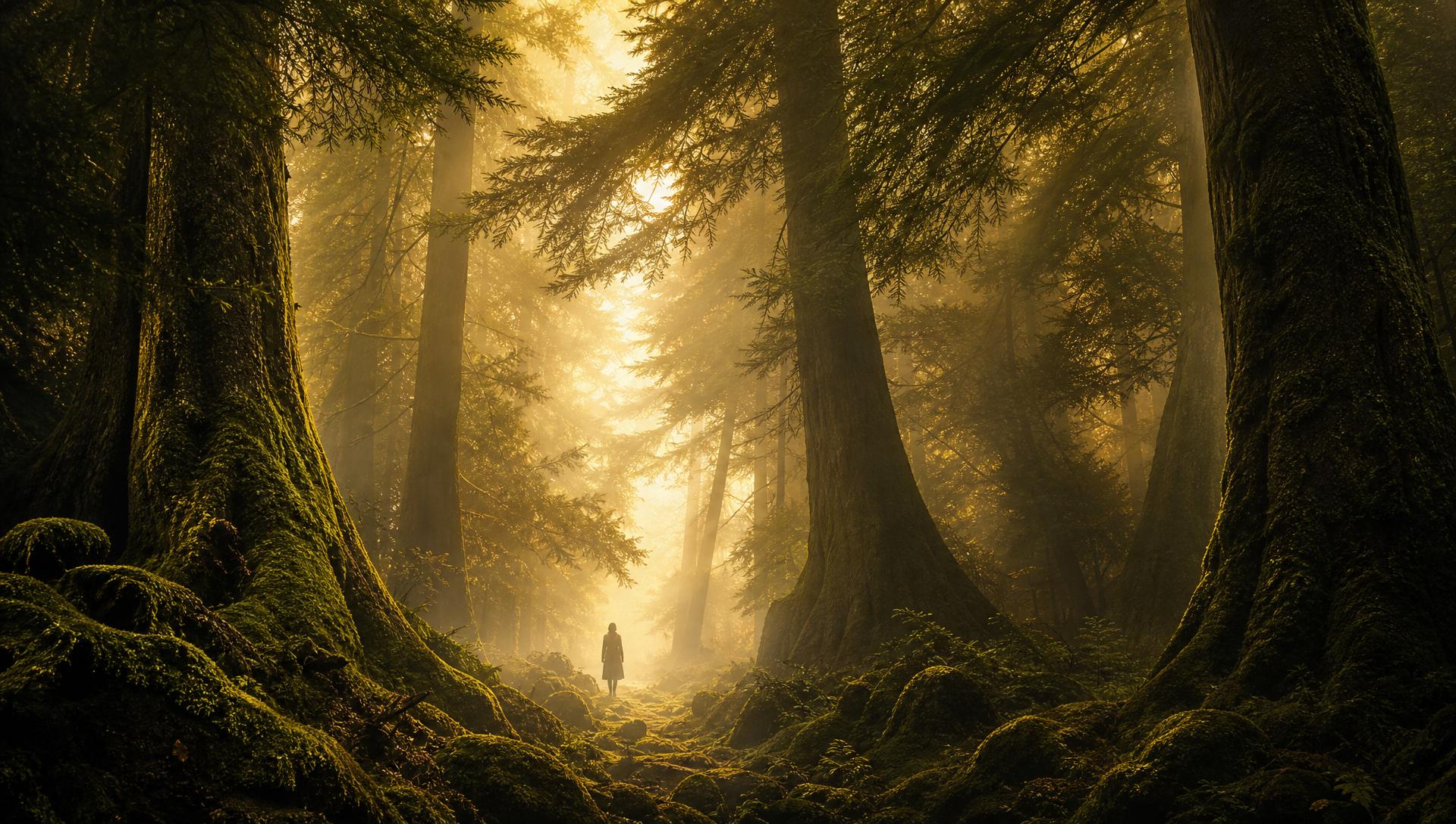 Ancient forest with moss-covered trees, soft morning mist, and a distant figure on the path