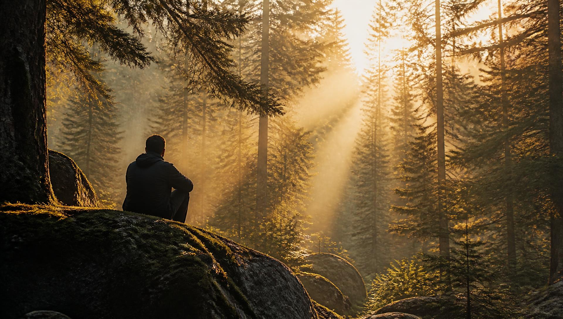 Person sitting on a mossy rock in a sunlit forest